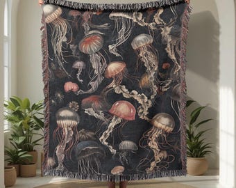 Jellyfish 100% Cotton Woven Blanket, Marine Biology Gift Woven Throw, Dark Academia Decor Tapestry Blanket, Ocean Lover Gift, Vintage Sea.