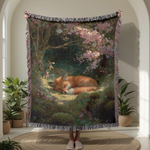 Manta tejida de zorro durmiente 100 % algodón, con decoración cottagecore, ideal para amantes de la naturaleza, tapiz de animales del bosque, ideal para regalar a un amigo.