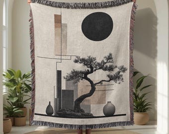 Manta de algodão 100% com estampa de bonsai, estilo Japandi Decor, tapeçaria zen, decoração minimalista para casa, ideal para presente de boas-vindas.