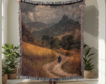 Medieval Castle Landscape 100% Cotton Woven Blanket, Scenic Woven Blanket, Historic Journey Woven Blanket, Fantasy Lover Woven Blanket Decor