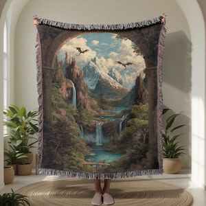 Fantasy Reader Gift 100% Cotton Woven Blanket, Dragon Lover Hobby Throw Blanket, Gamer Friend Woven Tapestry, Mythical Castle Decor For D&D Player Gift.