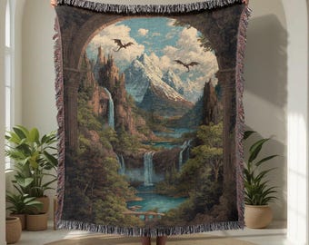 Fantasy Reader Gift 100% Cotton Woven Blanket, Dragon Lover Hobby Throw Blanket, Gamer Friend Woven Tapestry, Mythical Castle Decor For D&D.