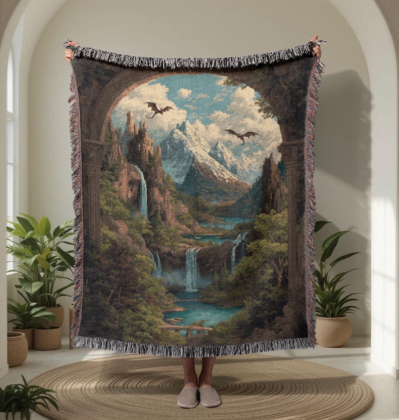 Fantasy Reader Gift 100% Cotton Woven Blanket, Dragon Lover Hobby Throw Blanket, Gamer Friend Woven Tapestry, Mythical Castle Decor For D&D Player Gift.