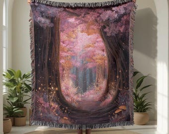 Fairycore Decor 100% Cotton Woven Blanket, Magical Forest Woven Throw, Cottagecore Gift For Her Tapestry Blanket, Fantasy Reader Gift Decor.