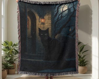 Black Cat 100% katoenen geweven deken, spookachtig Halloween decor geweven tapijt, Gothic Dark Academia throw deken, Witchy Cat moeder cadeau deken
