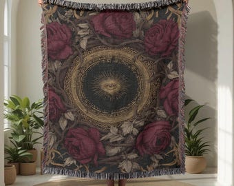 Allsehendes Auge 100% Baumwolle gewebte Decke, okkulter Wohnkultur gewebter Überwurf, esoterisches Geschenk für spirituellen Freund, gotischer Blumenteppich, witchy.