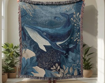 Whale Lover Gift 100% Cotton Woven Blanket, Ocean Enthusiast Throw Blanket, Marine Biologist Tapestry Blanket, Nature Lover Gift, Nautical