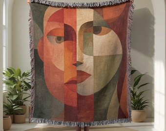 Manta tejida 100% algodón con arte facial abstracto, manta tejida con retrato moderno, manta tejida con expresión contemporánea, manta con arte emocional.