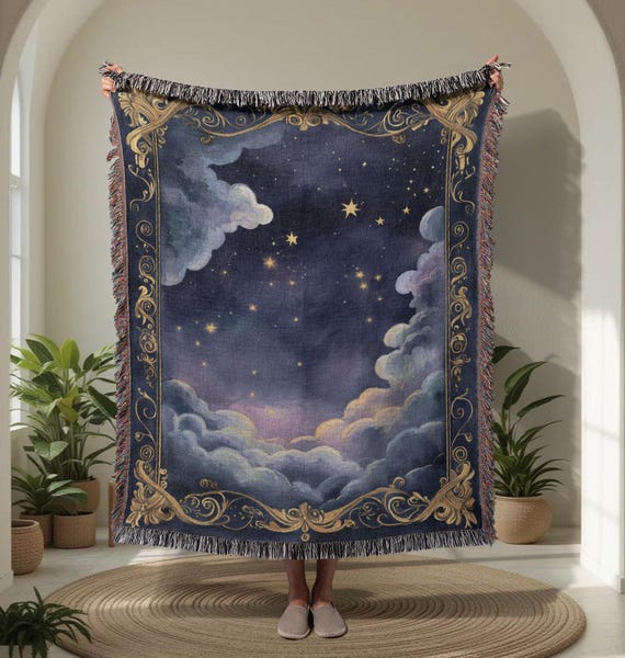 Celestial Starry Night 100% Cotton Woven Blanket, Vintage Clouds Decor Woven Tapestry, Magical Sky Throw Blanket, Ornate Frame Art Astrology