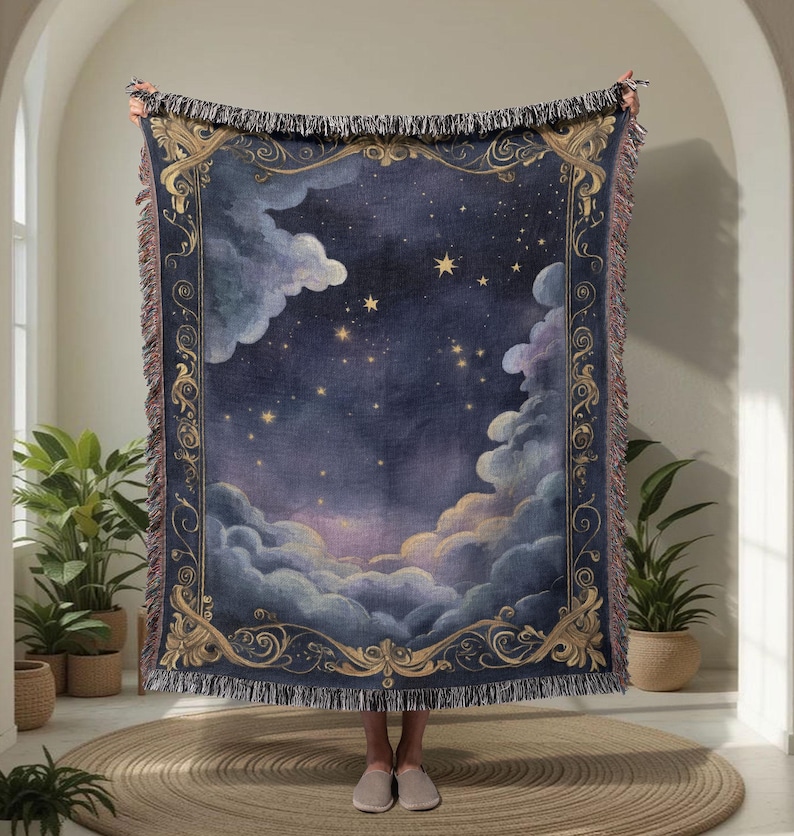 Celestial Starry Night 100% Cotton Woven Blanket, Vintage Clouds Decor Woven Tapestry, Magical Sky Throw Blanket, Ornate Frame Art For Astrology Lover
