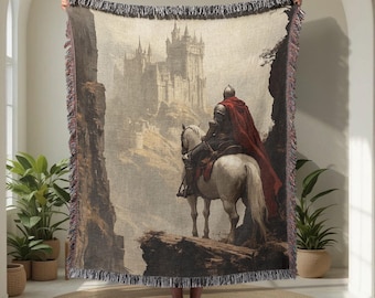 Medieval Knight 100% Cotton Woven Blanket, Fantasy Castle Tapestry Throw, Gift For History Buff Woven Blanket, Dark Academia Gamer Room Gift