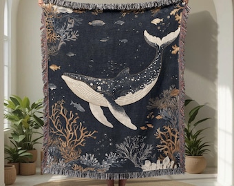 Majestic Whale 100% Cotton Woven Blanket, Marine Biologist Woven Throw, Ocean Life Tapestry Blanket, Coastal Decor Cotton, Sea Animal Lover