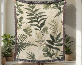 Botanische varen 100% katoenen geweven deken, plantenliefhebber cadeau geweven plaid, Cottagecore decor wandtapijt, natuurliefhebber tuinman housewarming cadeau.