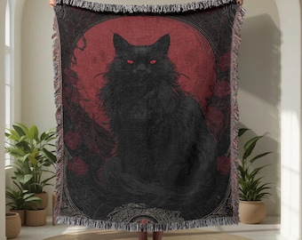Mystical Black Cat 100% Cotton Woven Blanket, Halloween Witchy Throw Blanket, Gothic Moon Feline Bedding For Cat Lovers, Spooky Enthusiast.