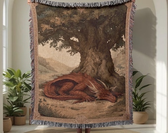 Sleeping Dragon 100% Cotton Woven Blanket, Fantasy Art Throw Blanket, Mythical Creature Decor, DnD Gift For Reader Woven Tapestry Wall