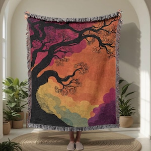 Abstract Sunset Tree 100% Cotton Woven Blanket, Colorful Nature Wall Tapestry, Bohemian Forest Throw, Warm Earth Tone, Fringed Artistic Home
