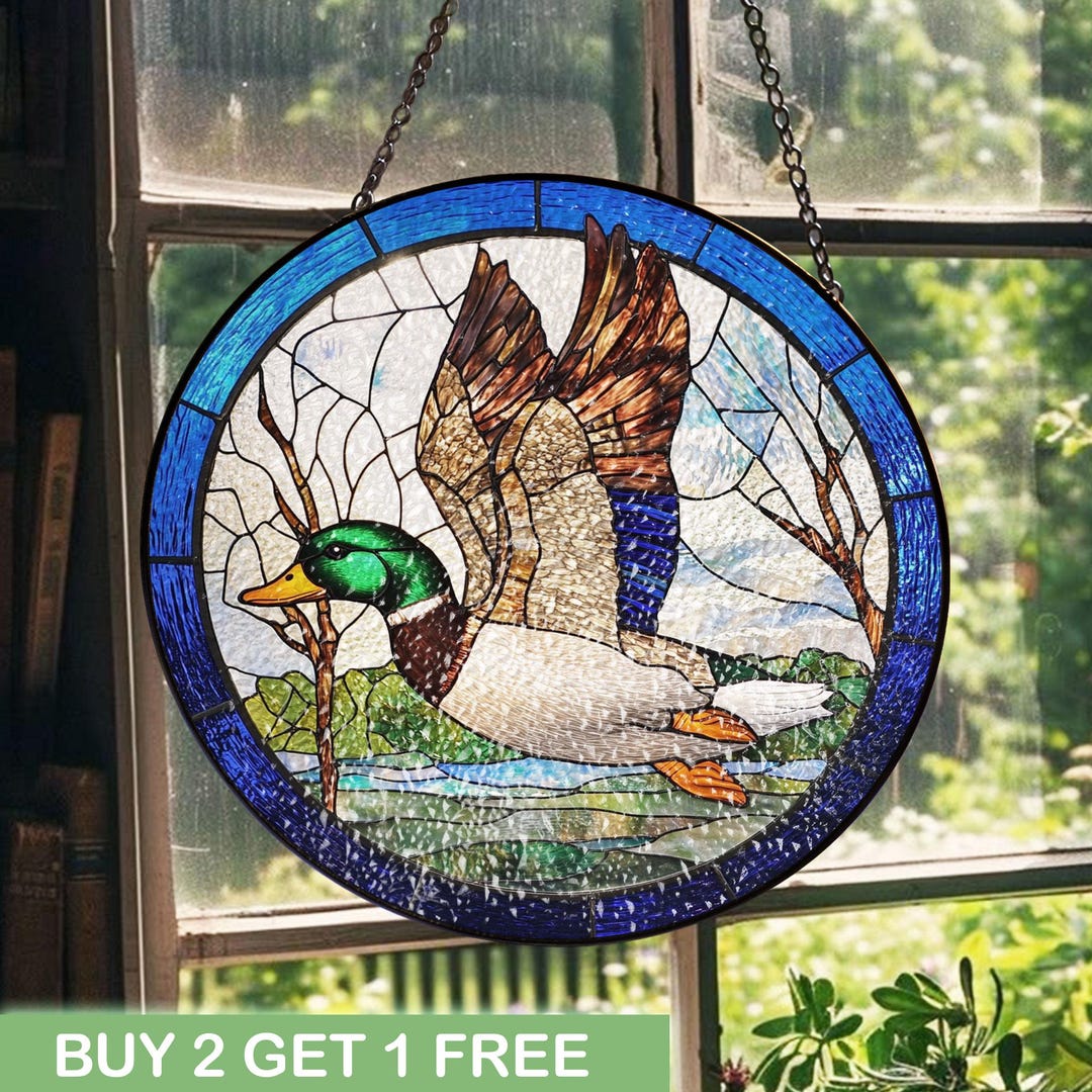 Window Duck Mallard Duck Stained Glass Window Panel, Flying Waterfowl Suncatcher ...