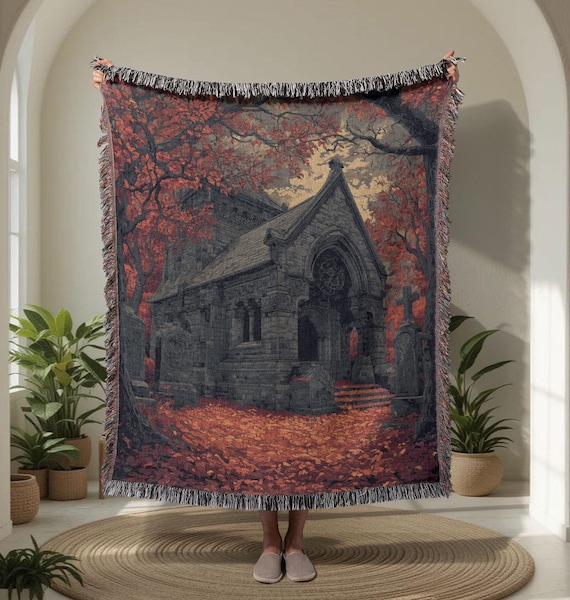 Vintage-Decke aus 100 % Baumwolle mit Motiven einer gotischen Kapelle, historischer Architektur, eines geheimnisvollen Friedhofs und Herbstlaub