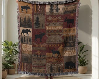 Hunter Dad Gift 100% Cotton Woven Blanket, Rustic Cabin Decor Woven Throw, Outdoorsman Birthday Tapestry Blanket, Mountain Lodge Blanket.