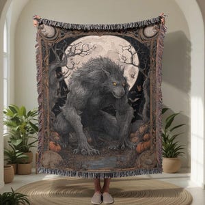 Werewolf 100% Cotton Woven Blanket, Halloween Gift For Horror Lover, Full Moon Lycan Tapestry, Gothic Spooky Decor Woven Throw, Mythical