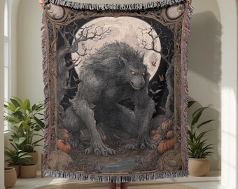Werewolf 100% Cotton Woven Blanket, Halloween Gift For Horror Lover, Full Moon Lycan Tapestry, Gothic Spooky Decor Woven Throw, Mythical