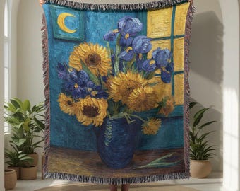 Sunflower And Iris Floral Bouquet 100% Cotton Woven Blanket, Artistic Flower Arrangement Woven Blanket, Nature Inspired Decor Woven Blanket