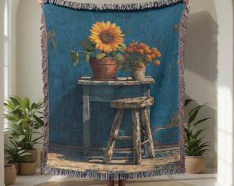 Sunflower 100% Cotton Woven Blanket, Rustic Floral Throw, Vintage Style Art Blanket, Cozy Botanical Home Decor, Nature Inspired Gift Decor.