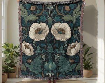 Vintage bloemen 100% katoenen geweven deken, botanisch geweven deken, op de natuur geïnspireerd geweven deken, klassiek tuindecor geweven deken