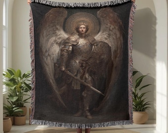 Saint Michael Archangel 100% Cotton Woven Blanket, Christian Religious Throw, Catholic Protector Tapestry, Baptism Gift For Mom, Faith Hope