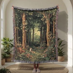 Enchanted Forest 100% Cotton Woven Blanket, Fox Lover Gift Woven Throw, Nature Lover Cottagecore Decor Tapestry Blanket, Vintage Woodland Hiker Gift