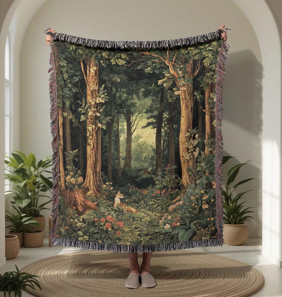 Enchanted Forest 100% Cotton Woven Blanket, Fox Lover Gift Woven Throw, Nature Lover Cottagecore Decor Tapestry Blanket, Vintage Woodland.
