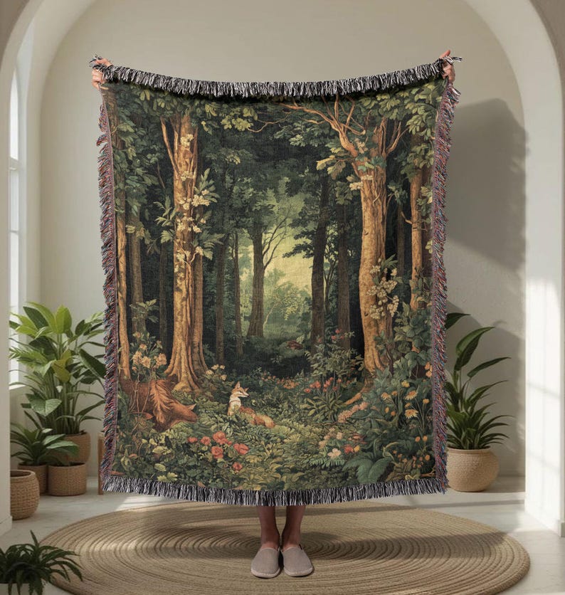 Enchanted Forest 100% Cotton Woven Blanket, Fox Lover Gift Woven Throw, Nature Lover Cottagecore Decor Tapestry Blanket, Vintage Woodland Hiker Gift