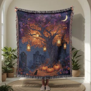 Halloween-lantaarnboom 100% katoenen geweven deken, pompoenkerkhofworp, zwarte kat herfstdecor, gezellig gotisch huisaccent voor bank, bed