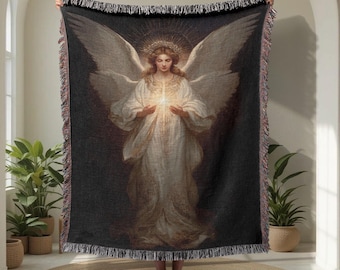 Guardian Angel 100% Cotton Woven Blanket, Angelic Woven Throw Blanket, Spiritual Woven Blanket, Religious Woven Blanket, Faith Woven Blanket