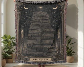 The Reader Tarot 100% katoenen geweven deken, boekenliefhebber cadeau geweven plaid, donkere academische tapijten plaid, bibliothecaris cadeau bankdeken schrijver
