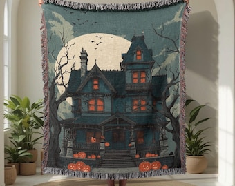 Spooky Haunted House 100% Cotton Woven Blanket, Halloween Lover Gift Woven Throw, Horror Fan Hobby Tapestry Blanket, Gothic Home Decor Gift.