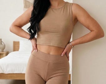 Leggings de algodón beige de talle alto por encima de la rodilla - Pantalones de yoga deportivos para mujer, mallas estampadas de talla grande, pantalones de punto modernos, regalo para ella.