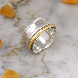 Mixed Metal Spinner Ring | Sterling Silver Meditation Ring with Gold & Silver Spinners | Fidget Anxiety Ring, Handmade Unisex Statement Band