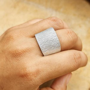 Wide Textured Silver Ring | Organic Bark-Inspired Statement Band | Handmade Adjustable Ring | Unisex Sterling Silver Jewelry | Gift for her