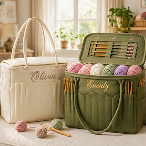 May include: Two rectangular fabric storage bags with top handles and exterior pockets. One bag is cream with the name Olivia embroidered, the other is olive green with the name Evenly embroidered, containing yarn balls and a set of crochet hooks.