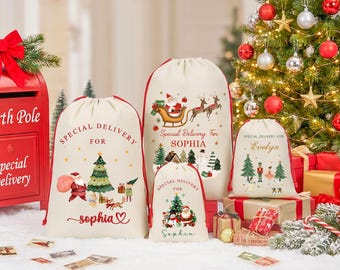 Bolsa de regalo navideña personalizada 2026 / Saco de Papá Noel con nombre personalizado para la familia / Bolsa navideña con monograma y cordón / Recuerdo navideño familiar.