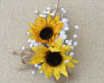 wedding sunflower buttonhole x 1 corsages with secure fastening shabby chic