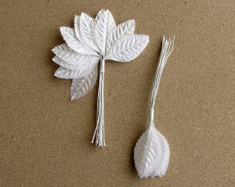 Pearlescent White Corsage Leaves, Wired Millinery Supplies 18 Leaves, 1.50 Inches