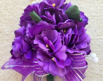 Small Faux African Violet Corsage, Pearls and Bow Accents