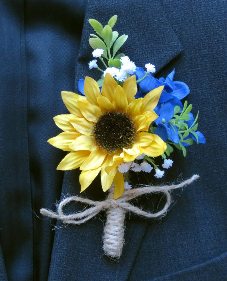 Sunflower Boutonniere with Light Blue Hydrangeas Blue Yellow Etsy