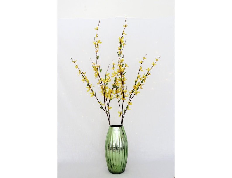May include: A decorative arrangement featuring yellow forsythia branches in a green, ribbed glass vase. The vase has a metallic finish, and the branches are full of small yellow flowers and green leaves, creating a vibrant display.