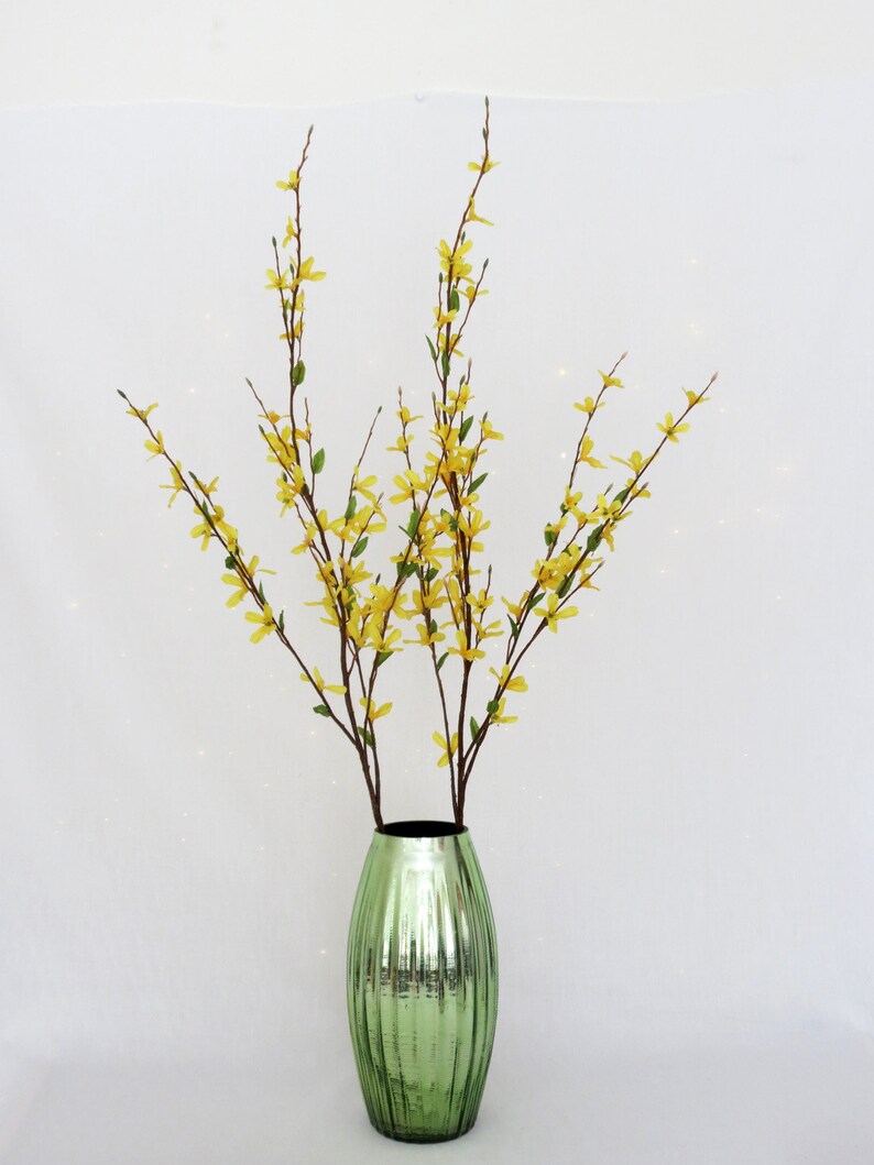 May include: A decorative arrangement featuring yellow forsythia branches in a green, ribbed glass vase. The vase has a metallic finish and a dark interior, creating a striking contrast with the bright flowers.