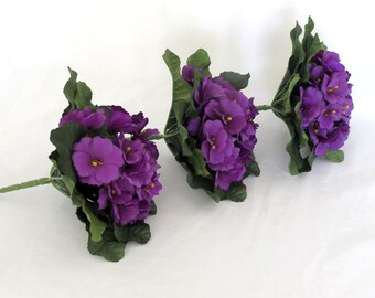 Faux African Violet Bushes, Set of Three, Purple Floral Decor