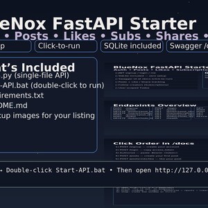 Puede incluir: Un gráfico digital azul oscuro para BlueNox FastAPI Starter. Enumera características como Auth, Posts, Likes, Subs, Shares y Todos. El texto incluye What's Included, main.py, Start-API.bat, requirements.txt, README.md y Mockup images.