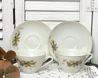 Pair Of Small Vintage Teacup And Saucer Sets Pine Branch With Cones And Gold Leaves